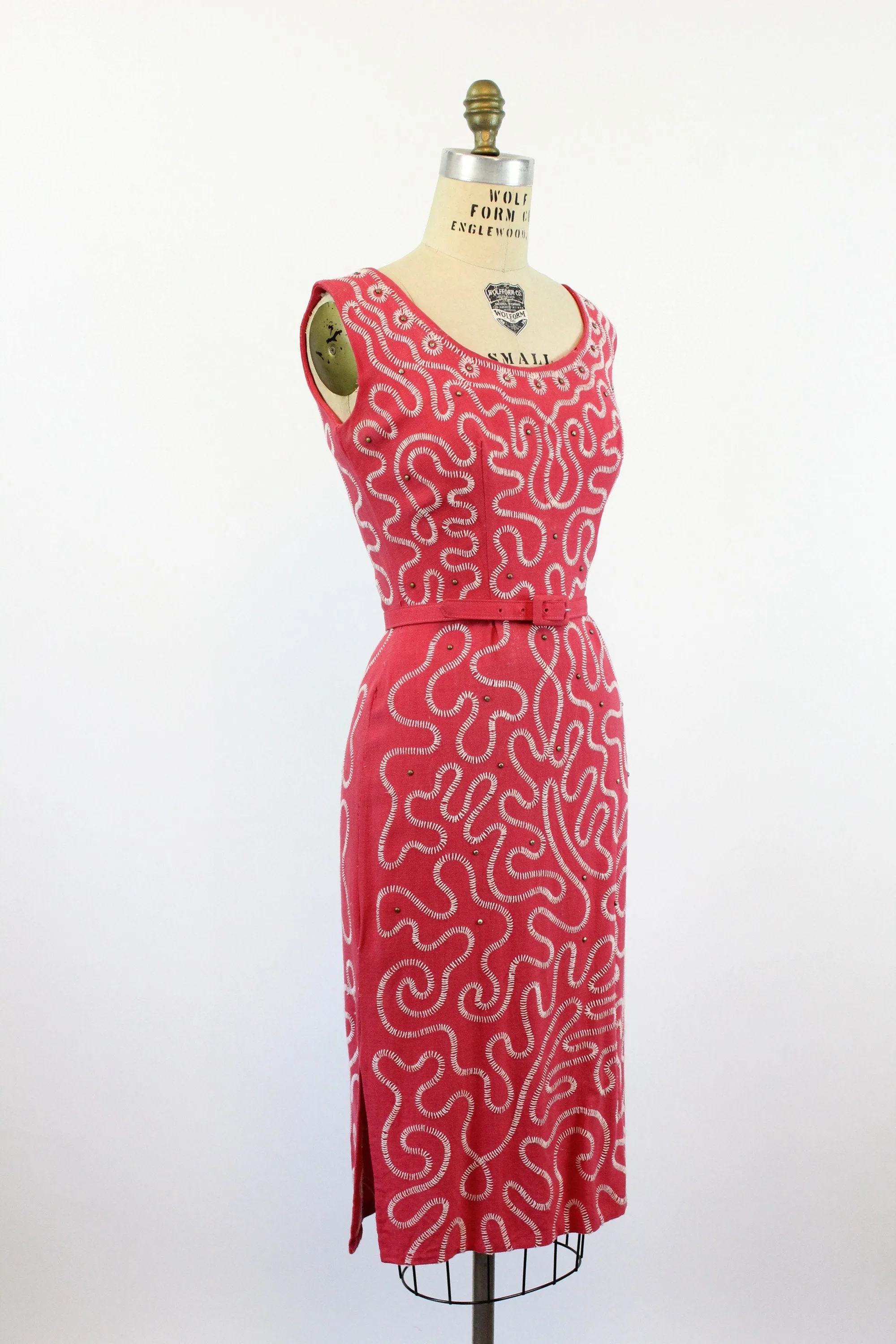 1950s LINEN coral BRASS STUD embroidered dress small | new spring