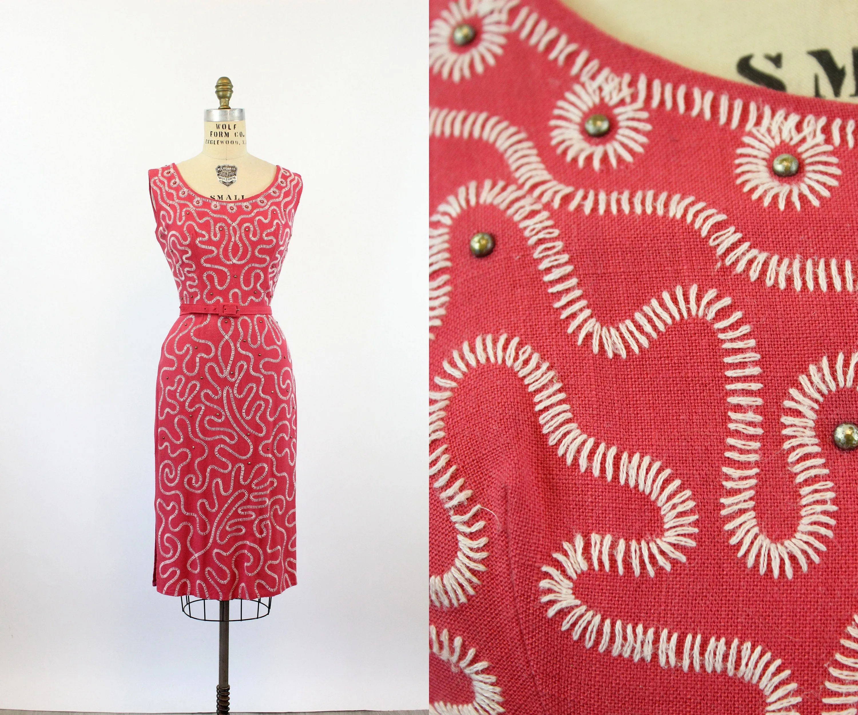 1950s LINEN coral BRASS STUD embroidered dress small | new spring