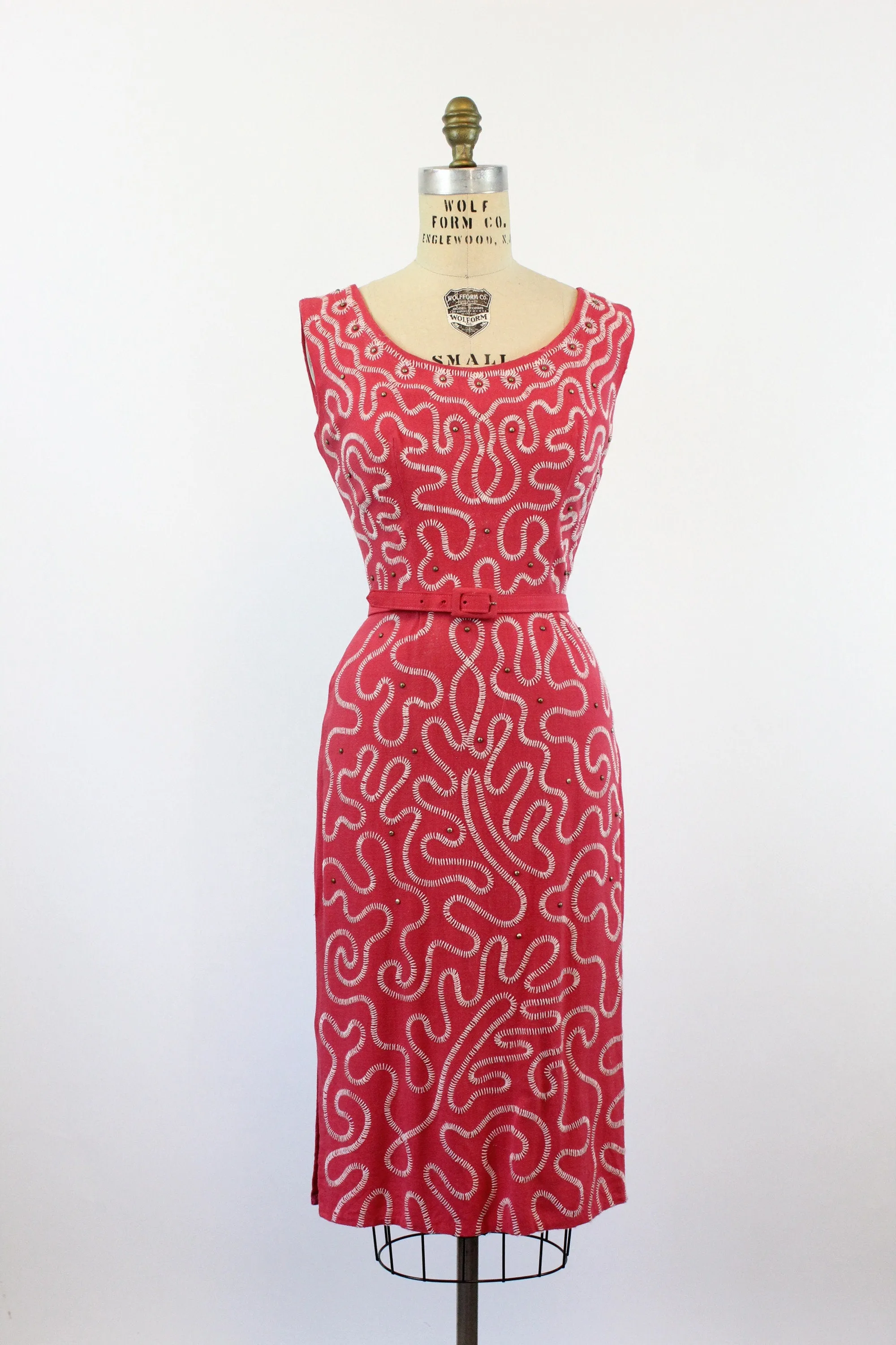 1950s LINEN coral BRASS STUD embroidered dress small | new spring