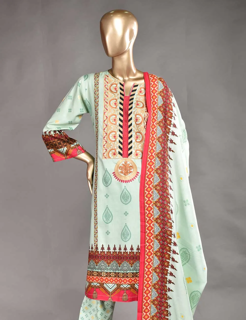 3 Pc Unstitched Linen Printed & Embroidered Dress with Printed Wool Shawl Dupatta - Flash (KL-01)