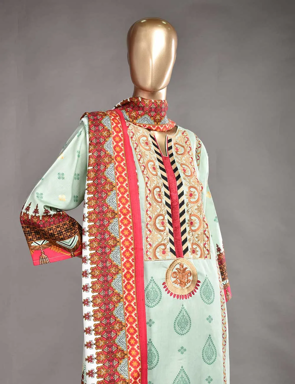 3 Pc Unstitched Linen Printed & Embroidered Dress with Printed Wool Shawl Dupatta - Flash (KL-01)