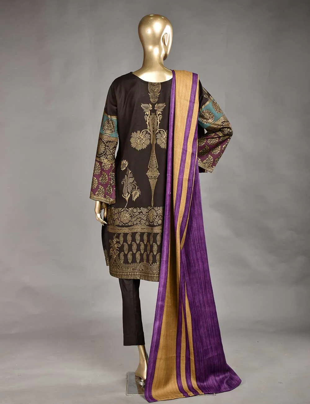 3 Pc Unstitched Linen Printed & Embroidered Dress with Printed Wool Shawl Dupatta - Monarchial Style (KL-08)