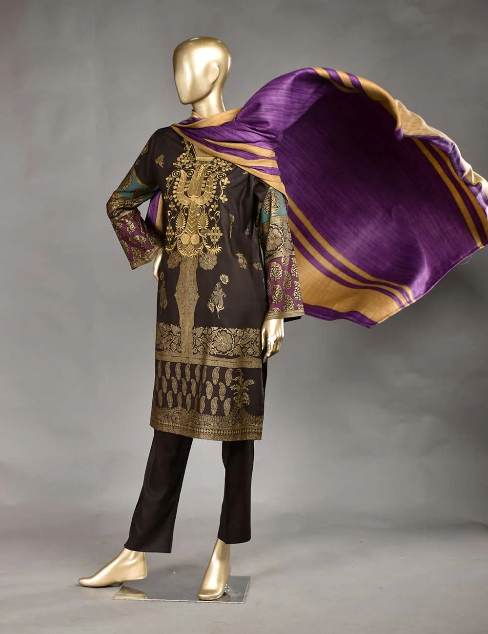 3 Pc Unstitched Linen Printed & Embroidered Dress with Printed Wool Shawl Dupatta - Monarchial Style (KL-08)