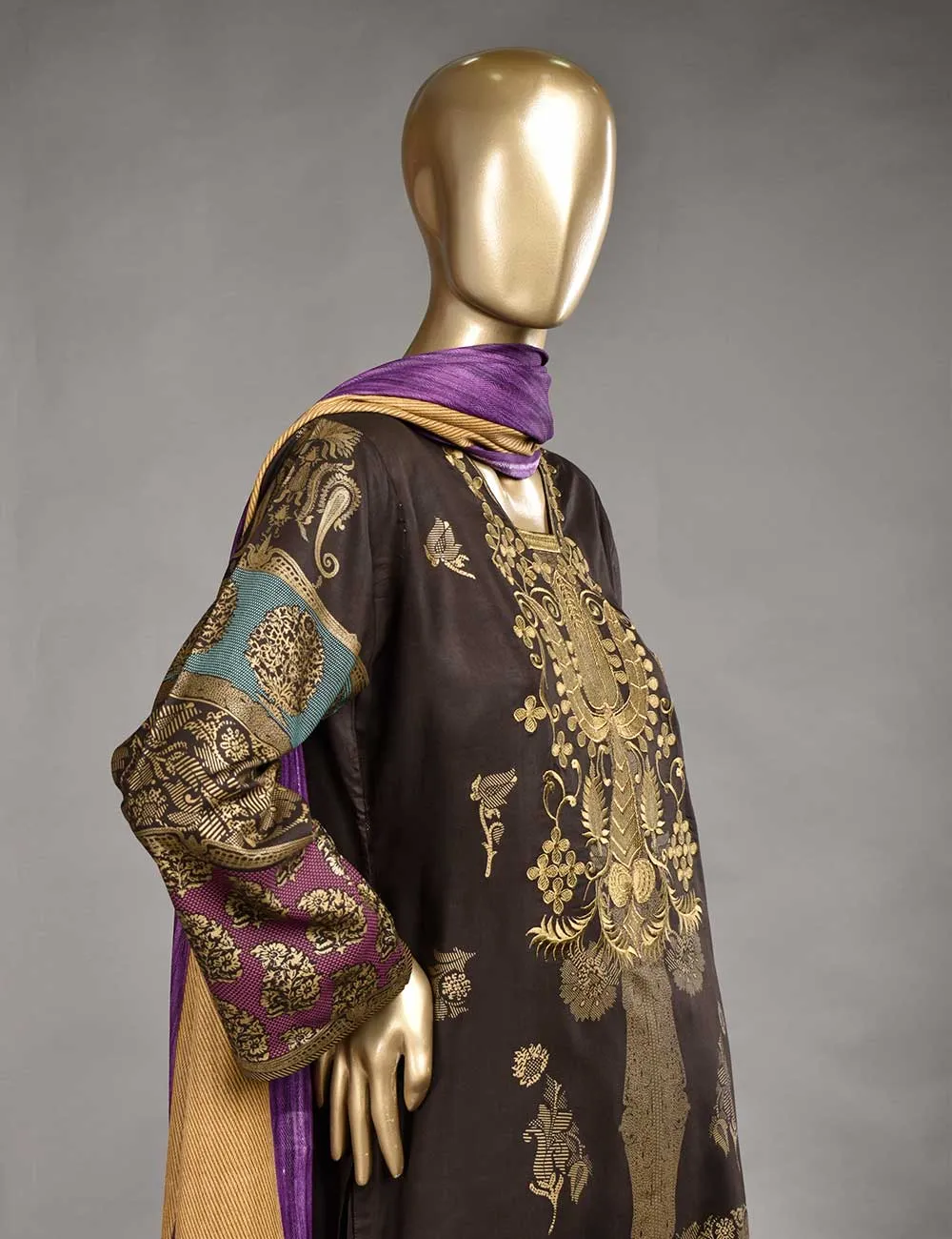 3 Pc Unstitched Linen Printed & Embroidered Dress with Printed Wool Shawl Dupatta - Monarchial Style (KL-08)