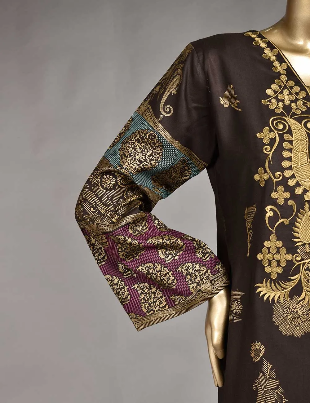 3 Pc Unstitched Linen Printed & Embroidered Dress with Printed Wool Shawl Dupatta - Monarchial Style (KL-08)