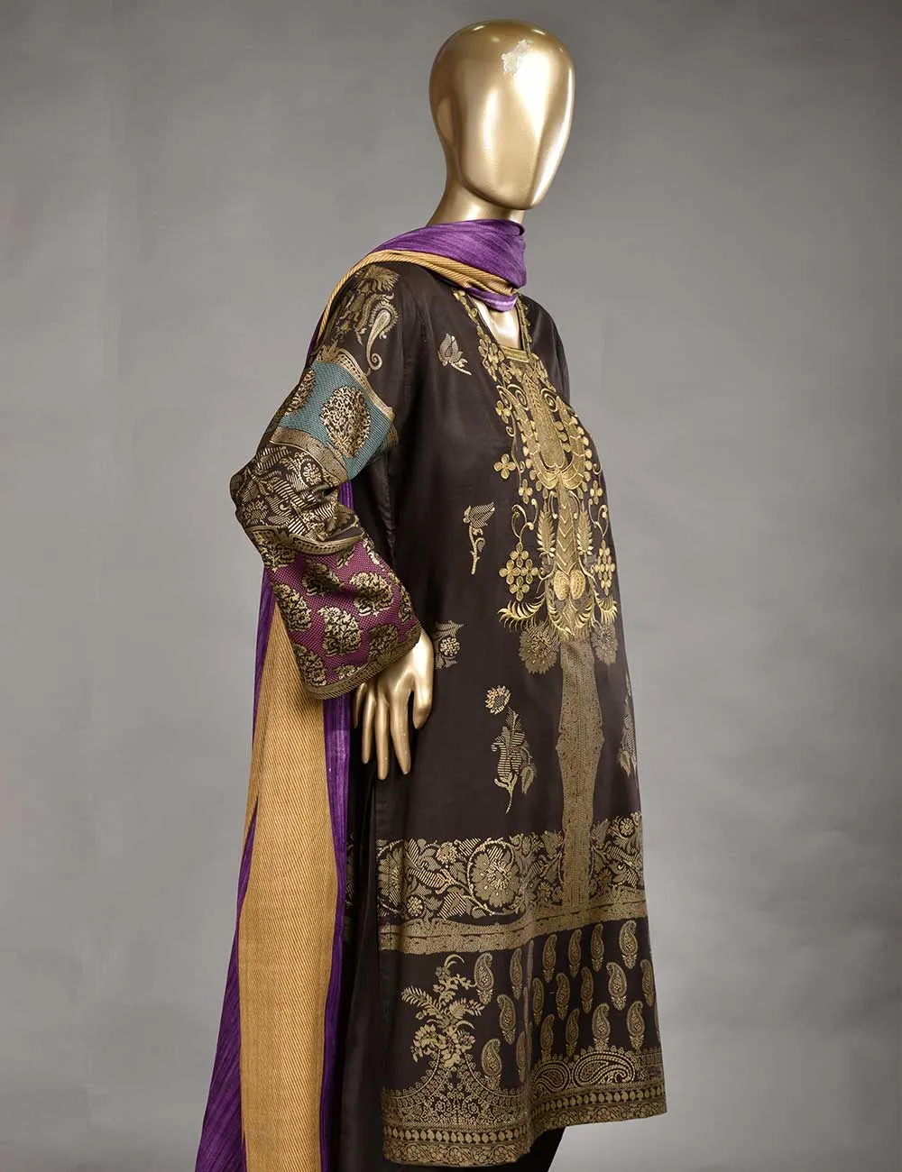 3 Pc Unstitched Linen Printed & Embroidered Dress with Printed Wool Shawl Dupatta - Monarchial Style (KL-08)