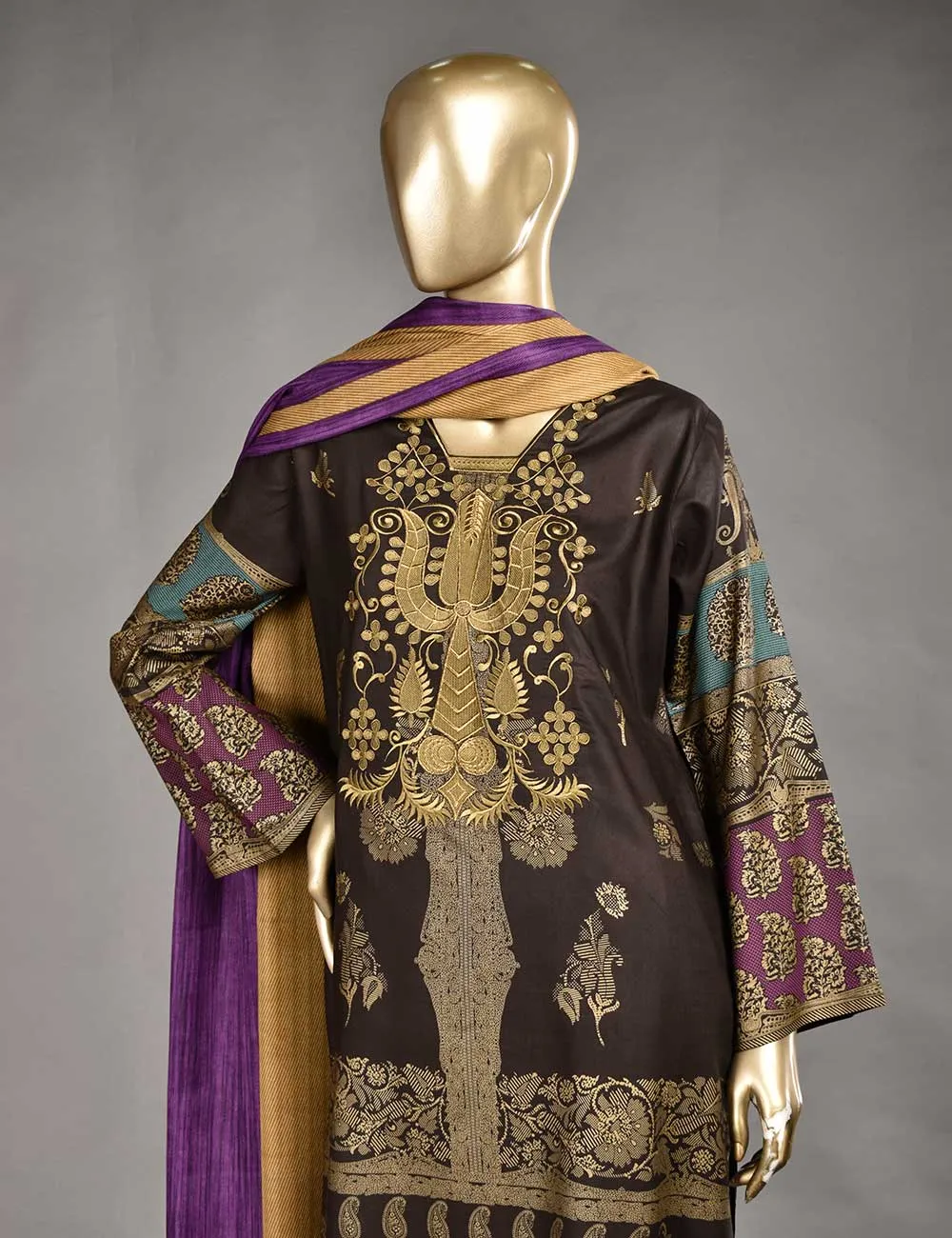 3 Pc Unstitched Linen Printed & Embroidered Dress with Printed Wool Shawl Dupatta - Monarchial Style (KL-08)