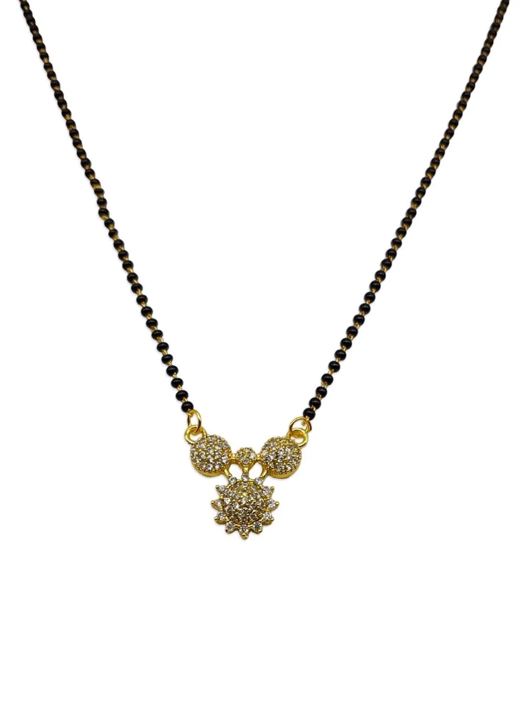 American Diamond Short Mangalsutra Designs Fancy Flower Pendant Simple Black Beads Chain
