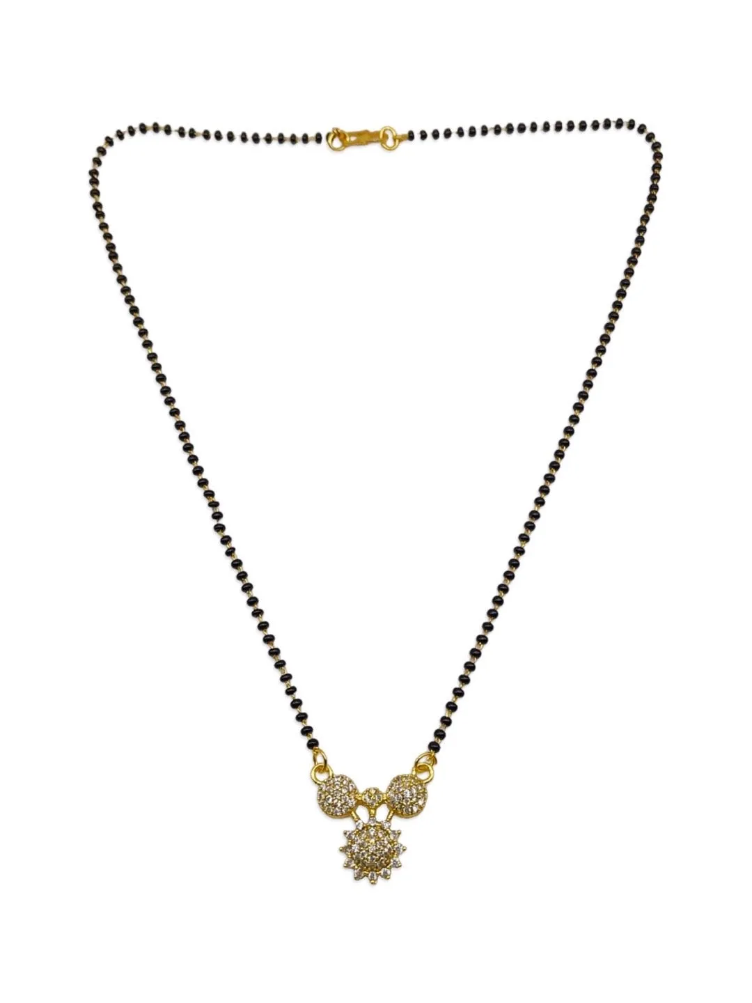 American Diamond Short Mangalsutra Designs Fancy Flower Pendant Simple Black Beads Chain