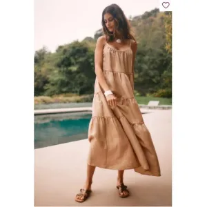 Anthropologie Eberjey Tan Linen Kesia Tiered Sleeveless Maxi Dress Size Medium