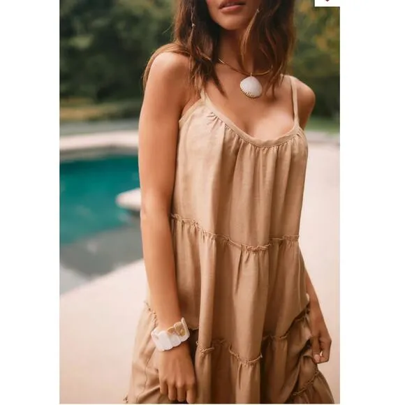 Anthropologie Eberjey Tan Linen Kesia Tiered Sleeveless Maxi Dress Size Medium