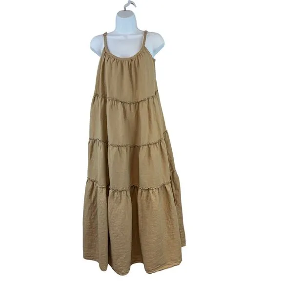 Anthropologie Eberjey Tan Linen Kesia Tiered Sleeveless Maxi Dress Size Medium