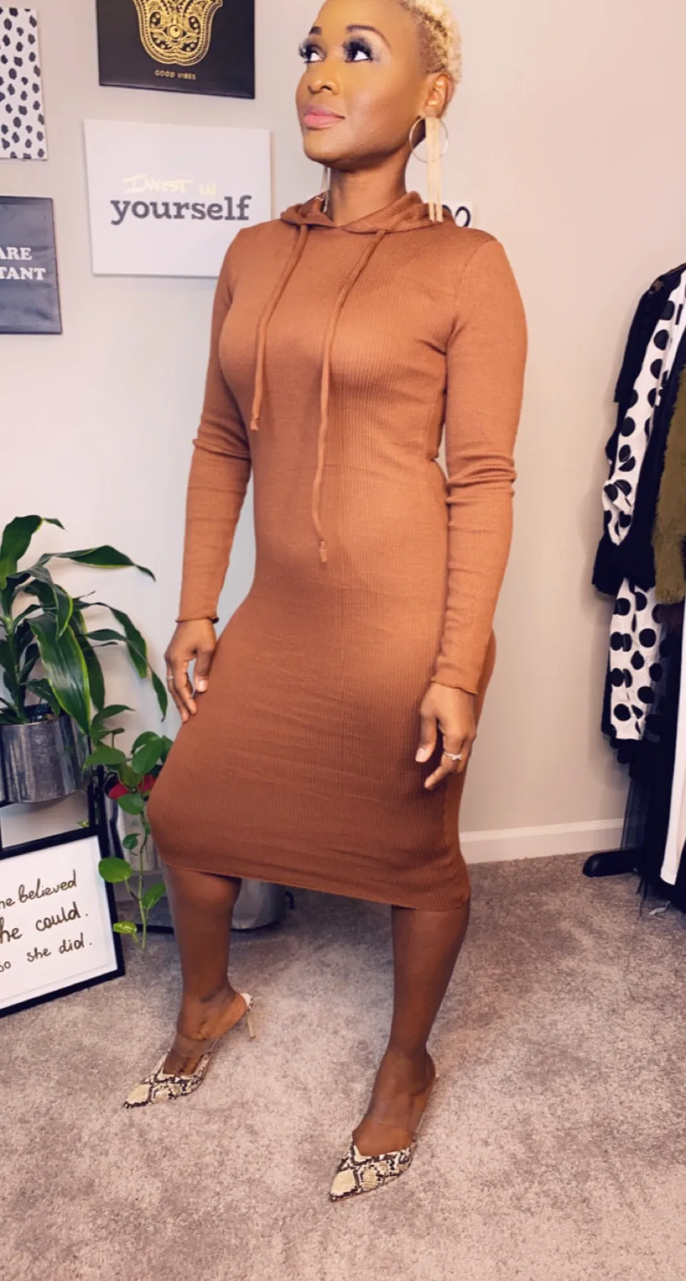 Around the Way Girl- Basic Hoodie Dress-Brown
