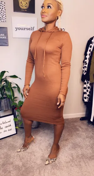 Around the Way Girl- Basic Hoodie Dress-Brown