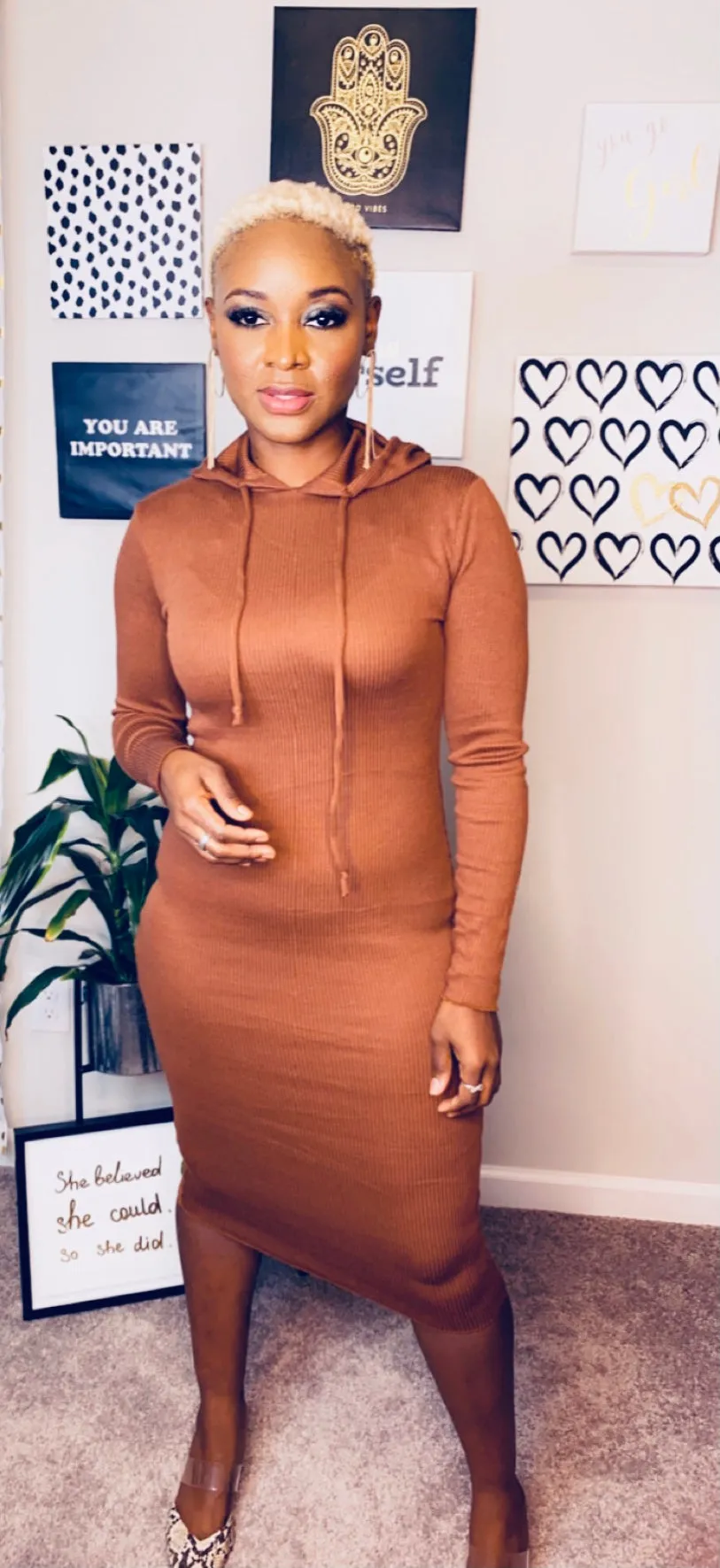 Around the Way Girl- Basic Hoodie Dress-Brown