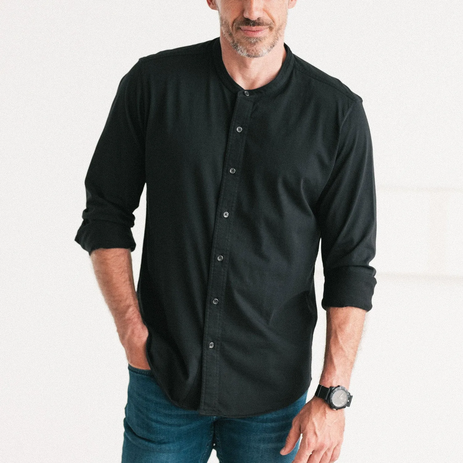Band Collar T-Shirt Shirt - Jet Black Cotton Jersey
