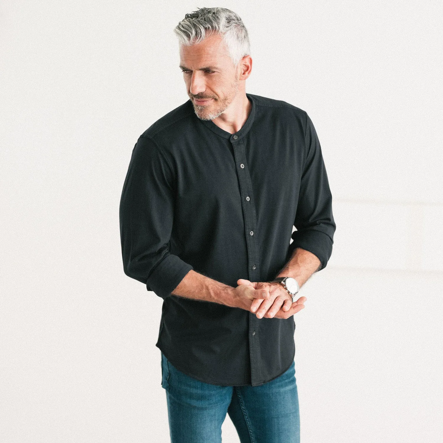 Band Collar T-Shirt Shirt - Jet Black Cotton Jersey