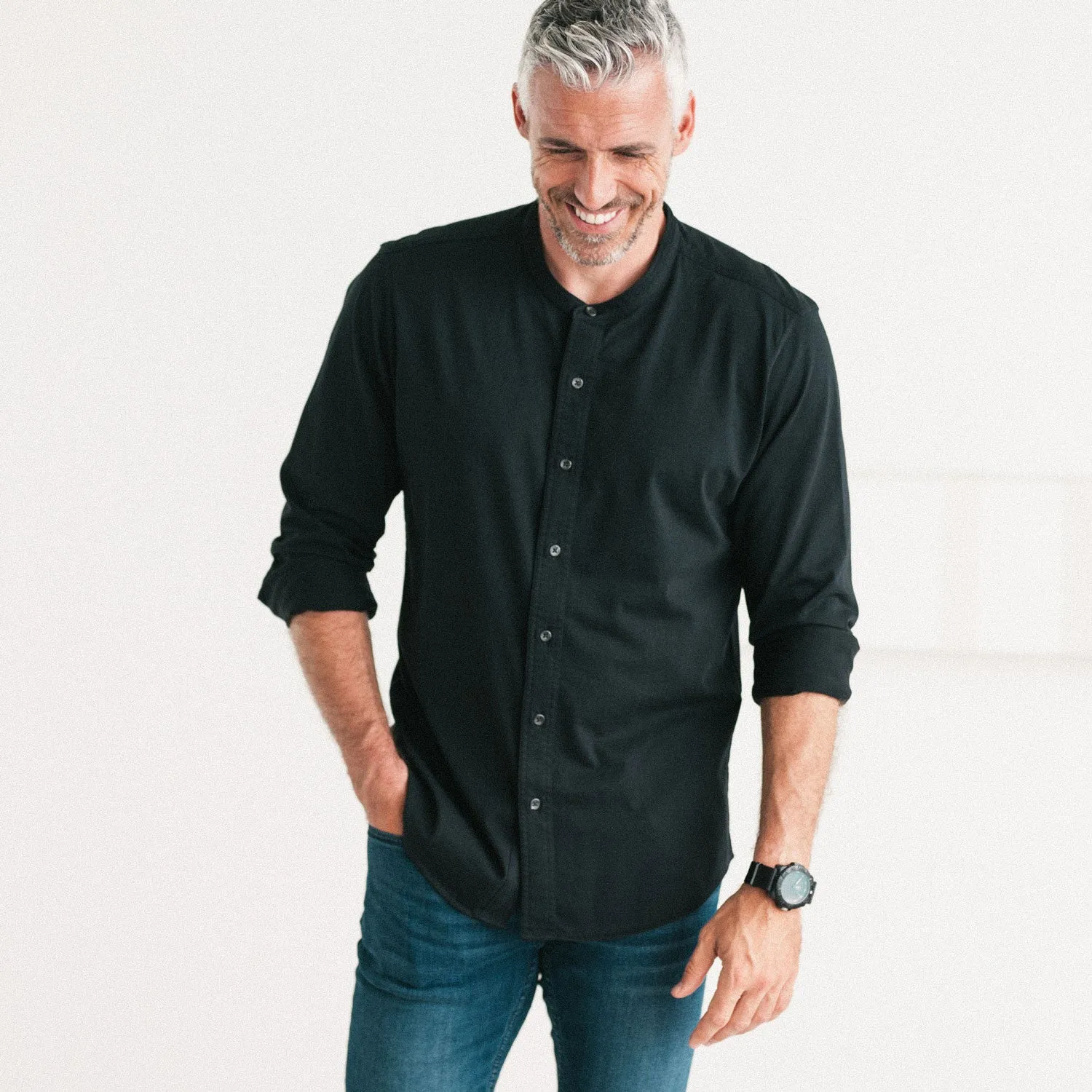 Band Collar T-Shirt Shirt - Jet Black Cotton Jersey