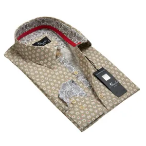 Beige Floral Mens Slim Fit Designer French Cuff Shirt - tailored Cotton Shirts for Work and Casual Wear