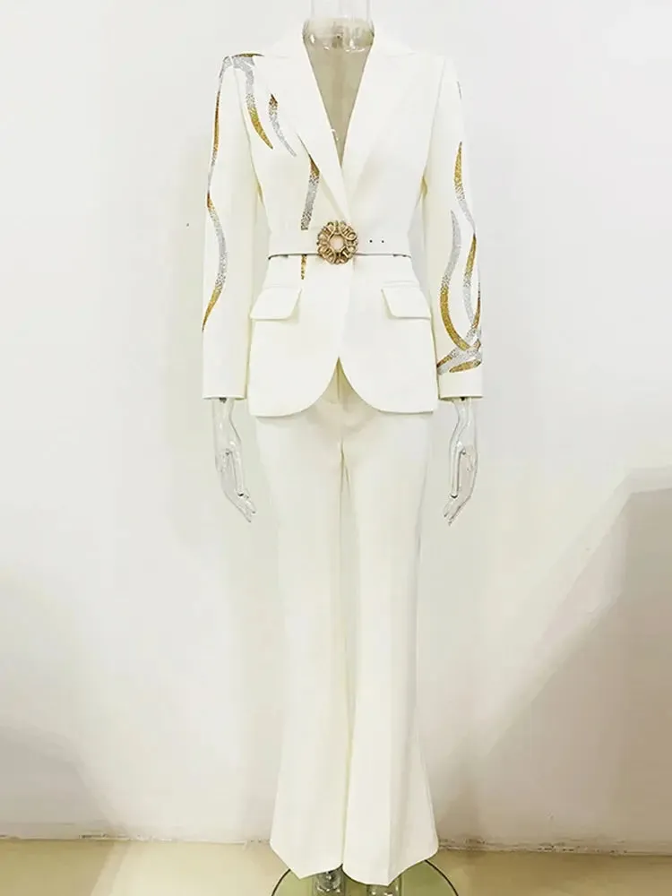 Belted Rhinestone Blazer Crystal Flare Pant Suit