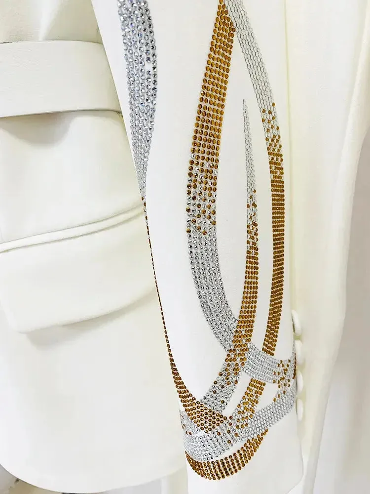Belted Rhinestone Blazer Crystal Flare Pant Suit