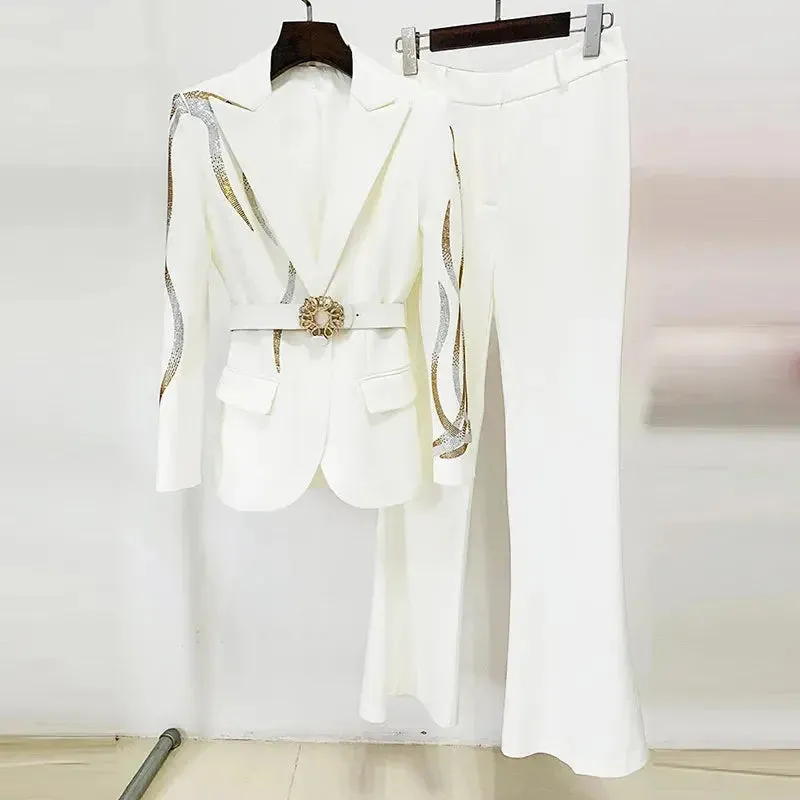 Belted Rhinestone Blazer Crystal Flare Pant Suit