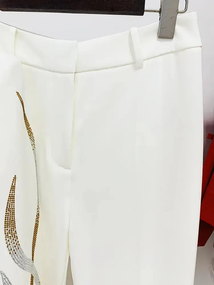 Belted Rhinestone Blazer Crystal Flare Pant Suit
