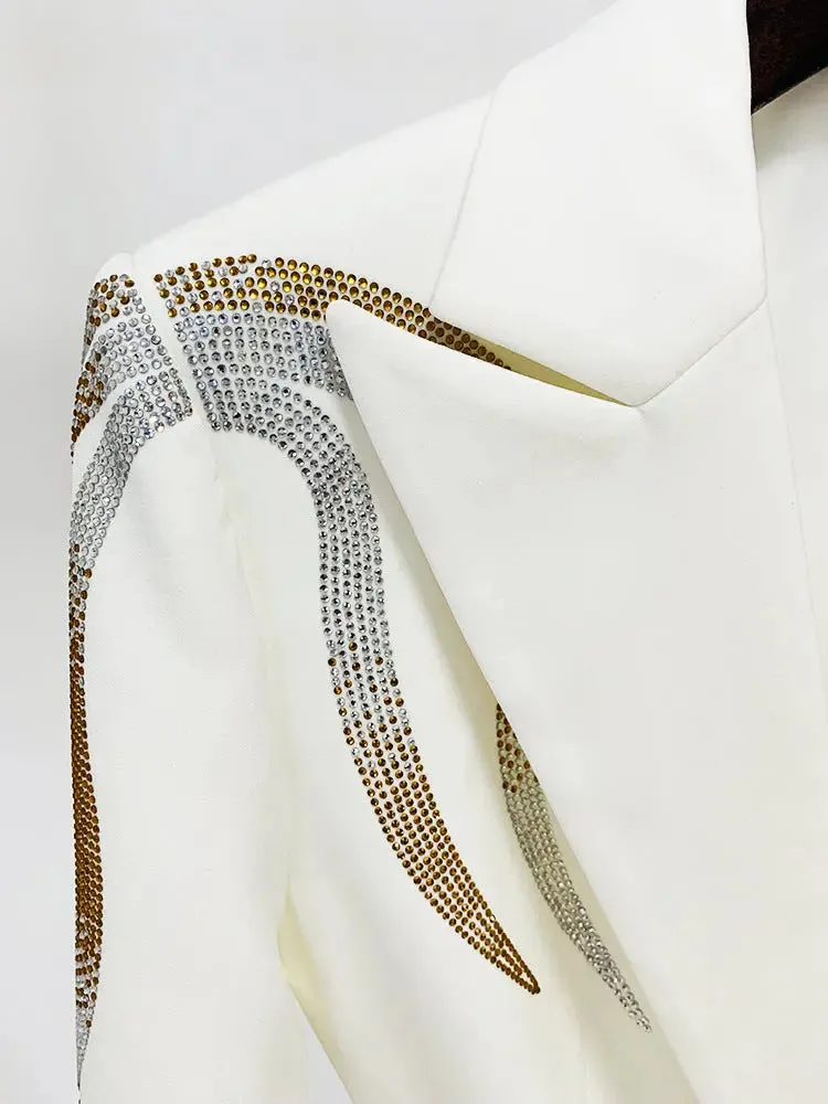 Belted Rhinestone Blazer Crystal Flare Pant Suit