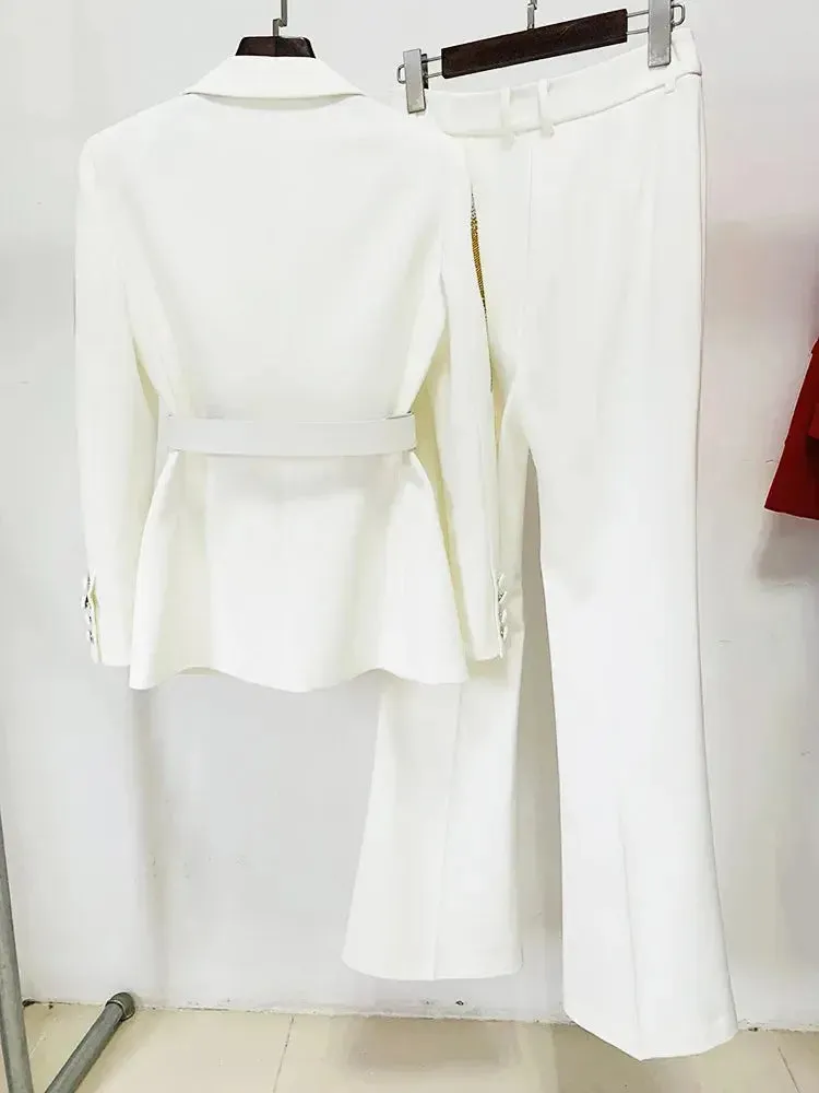 Belted Rhinestone Blazer Crystal Flare Pant Suit
