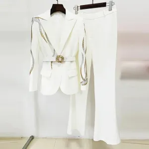 Belted Rhinestone Blazer Crystal Flare Pant Suit