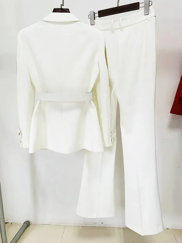 Belted Rhinestone Blazer Crystal Flare Pant Suit