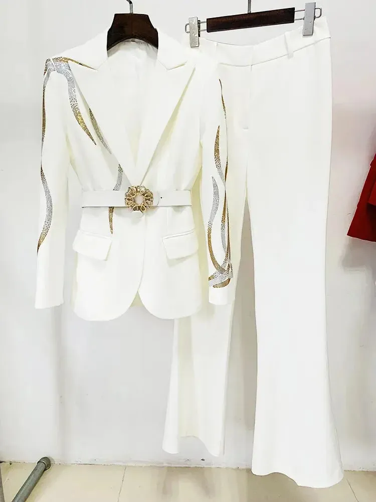 Belted Rhinestone Blazer Crystal Flare Pant Suit