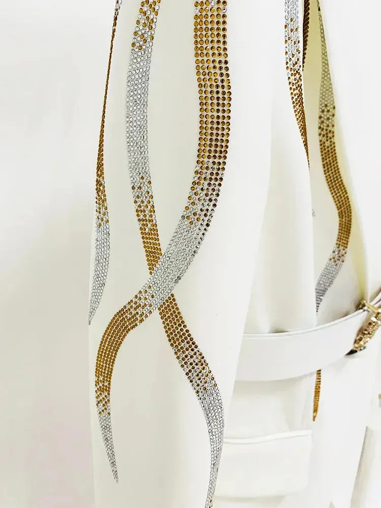Belted Rhinestone Blazer Crystal Flare Pant Suit