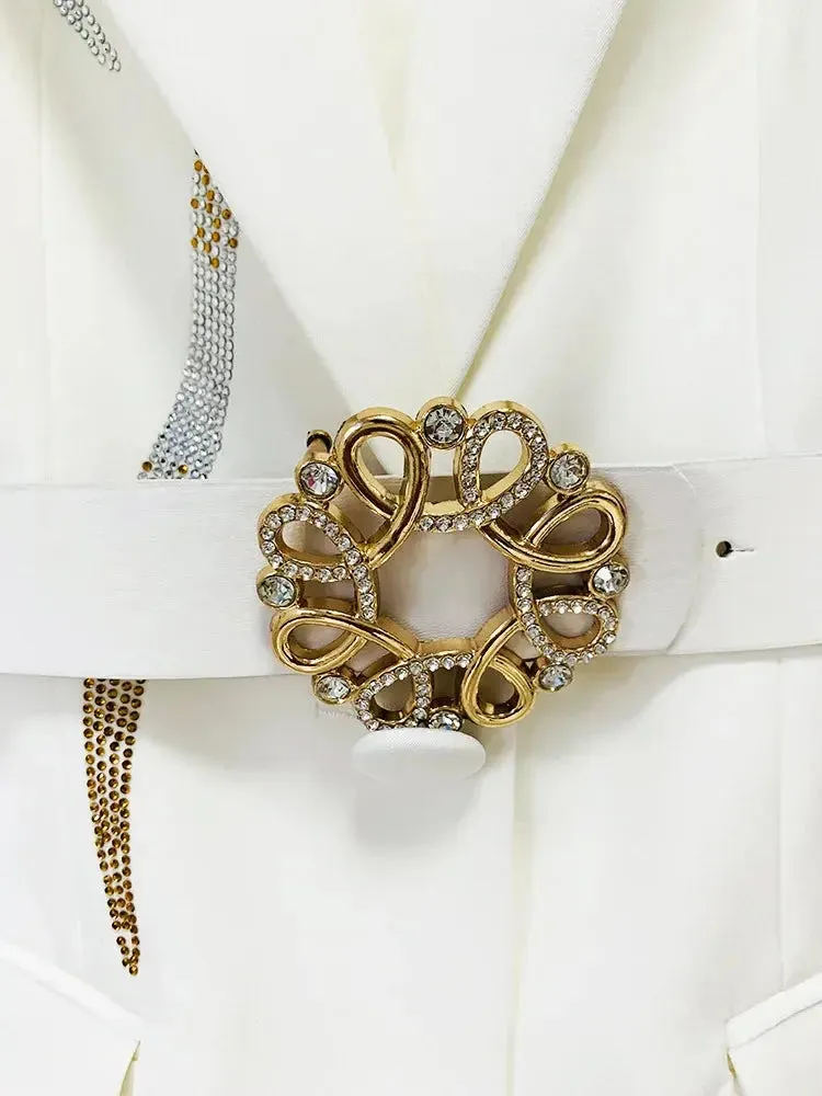 Belted Rhinestone Blazer Crystal Flare Pant Suit