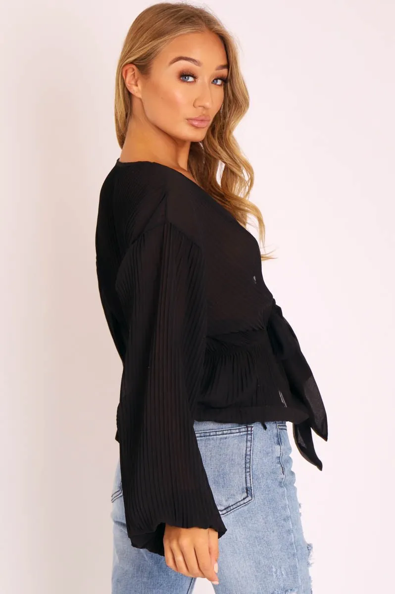 Black Extreme Plunge Structured Peplum Pleated Top - Ivy