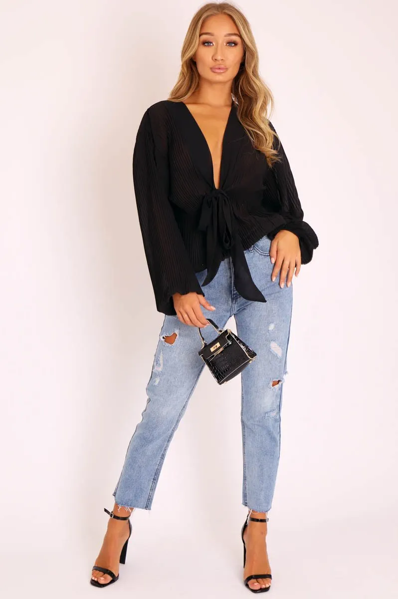 Black Extreme Plunge Structured Peplum Pleated Top - Ivy