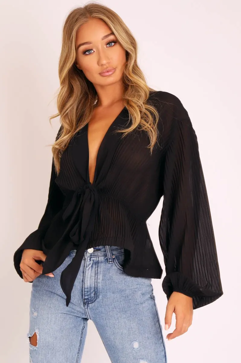 Black Extreme Plunge Structured Peplum Pleated Top - Ivy