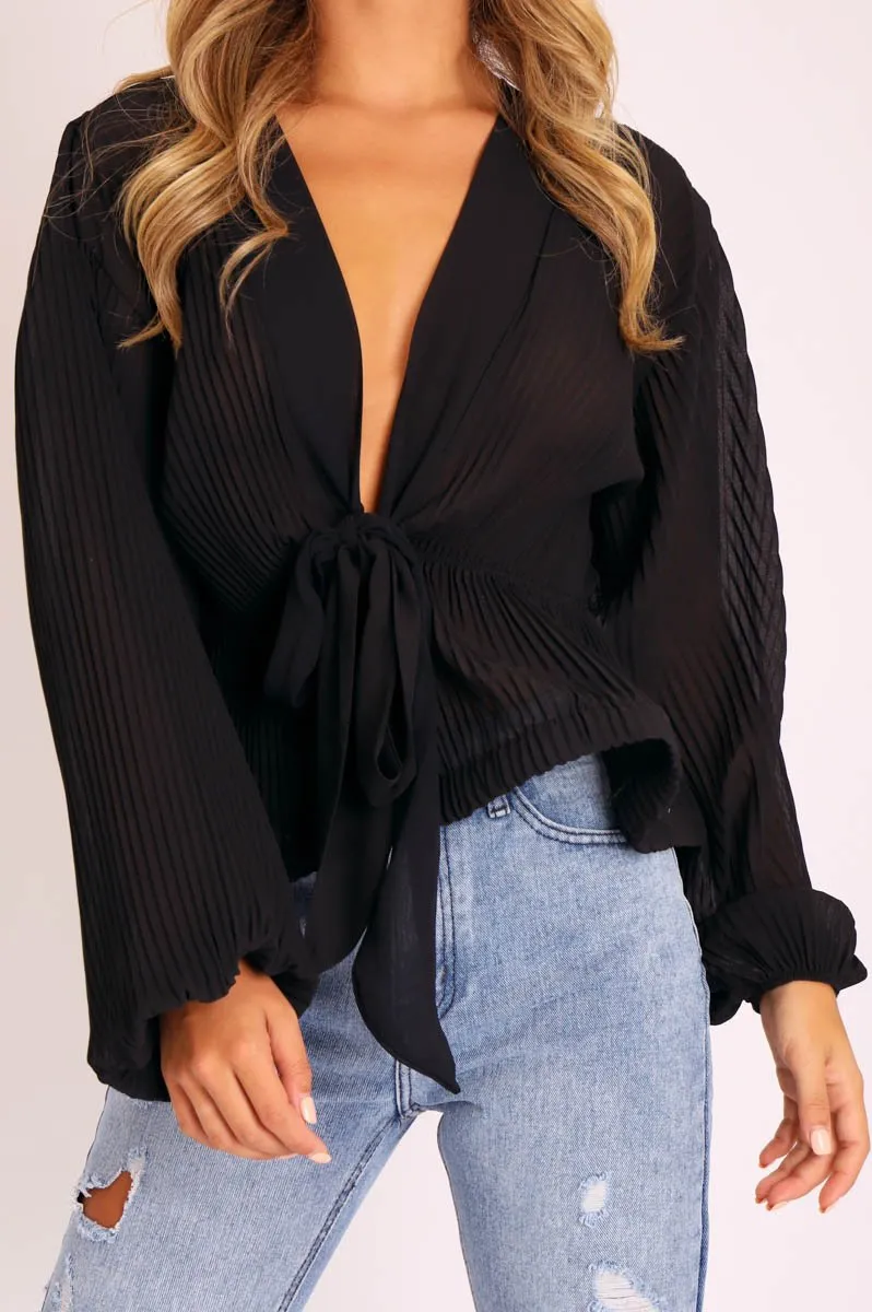 Black Extreme Plunge Structured Peplum Pleated Top - Ivy