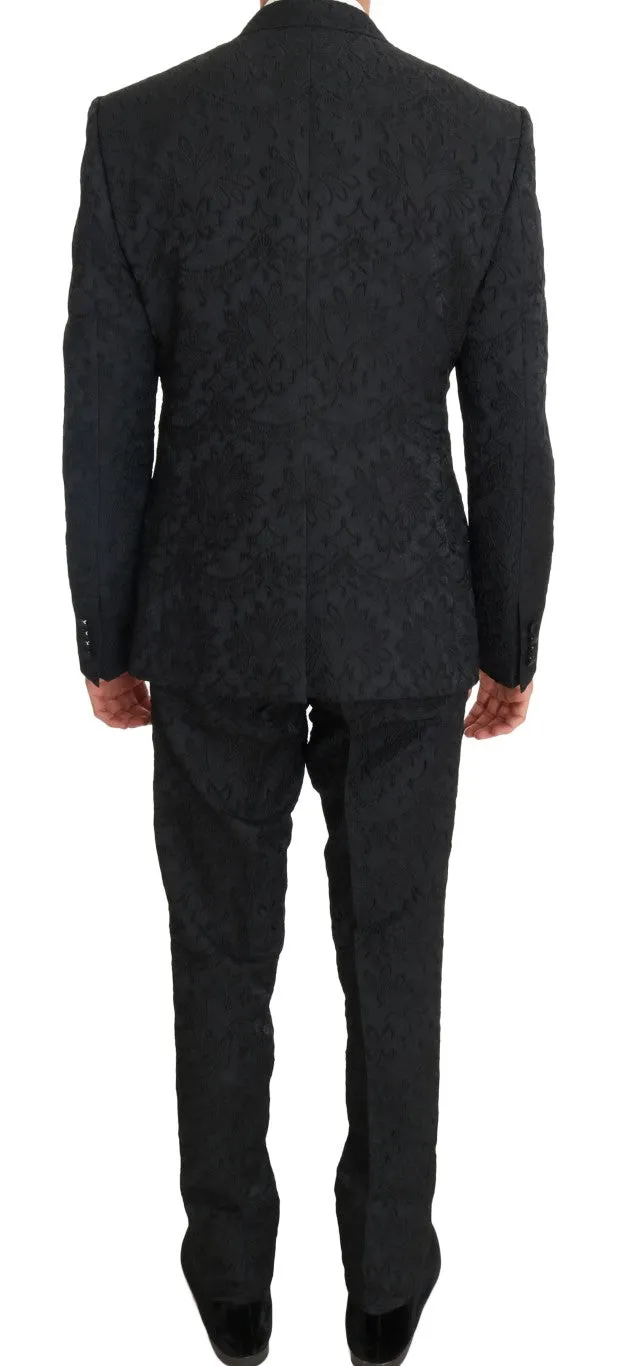 Black Floral Brocade Slim Fit 3 Piece Suit