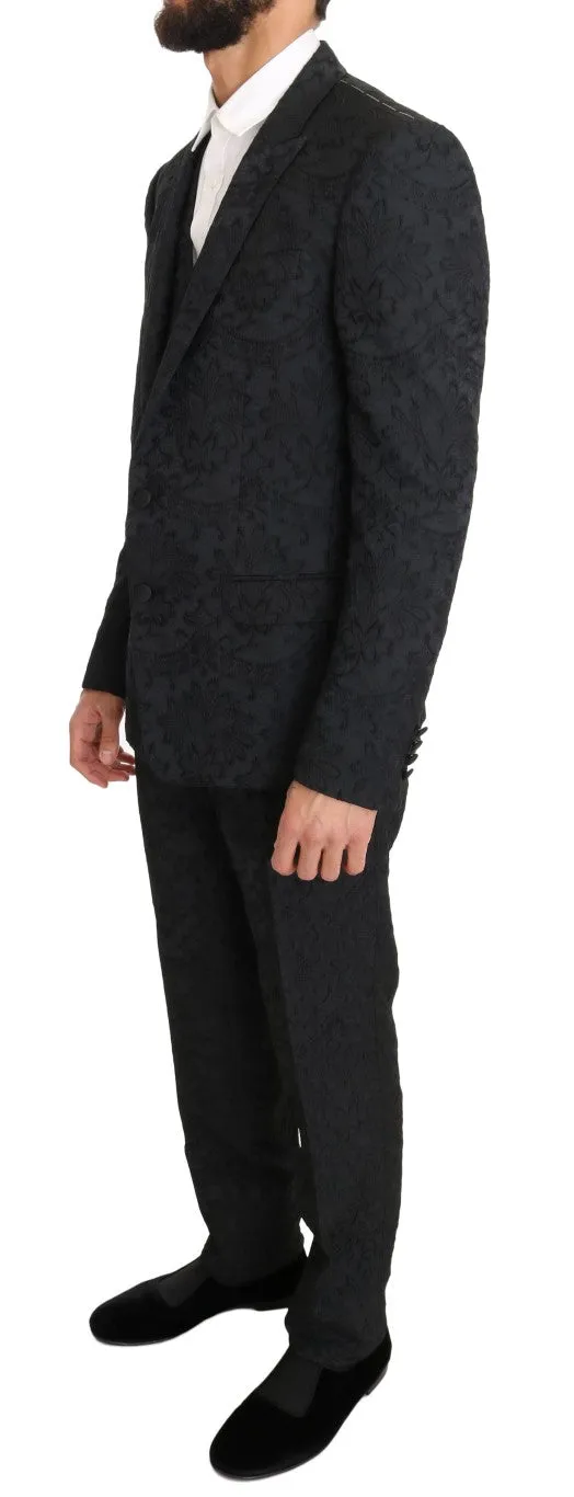 Black Floral Brocade Slim Fit 3 Piece Suit