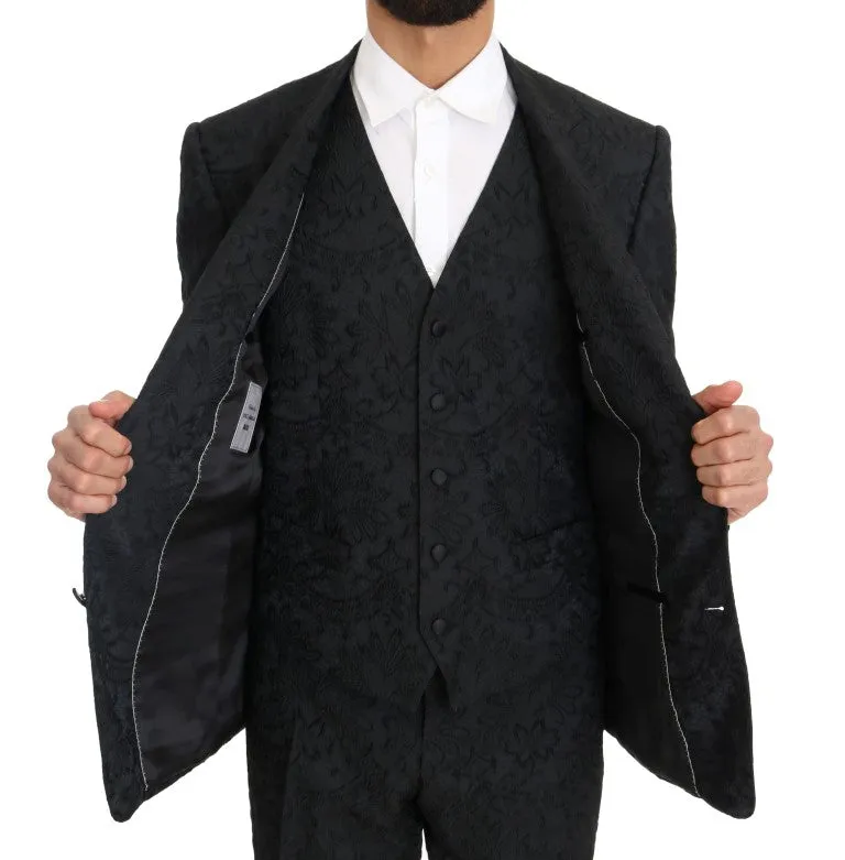 Black Floral Brocade Slim Fit 3 Piece Suit