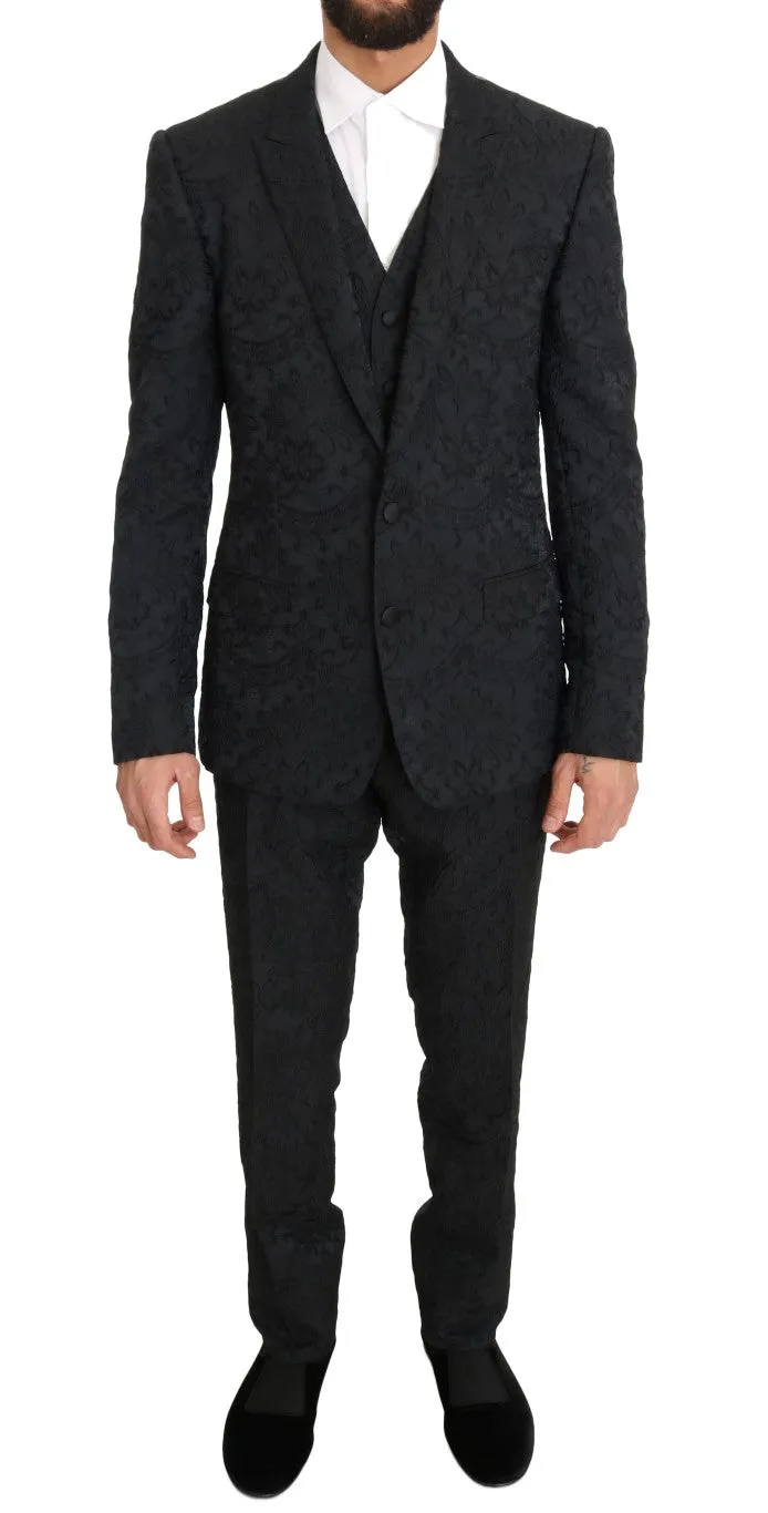 Black Floral Brocade Slim Fit 3 Piece Suit