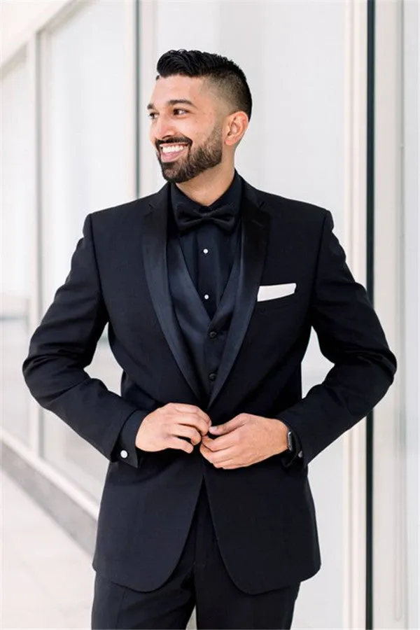 Black Men Suits for Wedding One Button Groomsmen Suits Shawl Lapel Best Man Blazers