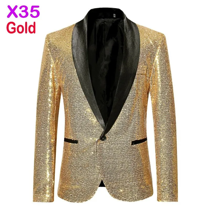Black Sequin One Button Shawl Collar Suit Jacket Men Bling Glitter Nightclub Prom DJ Blazer Jacket Men Stage Clothes for Singers