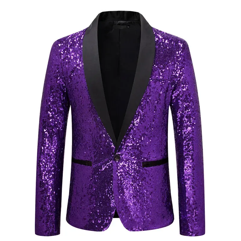 Black Sequin One Button Shawl Collar Suit Jacket Men Bling Glitter Nightclub Prom DJ Blazer Jacket Men Stage Clothes for Singers