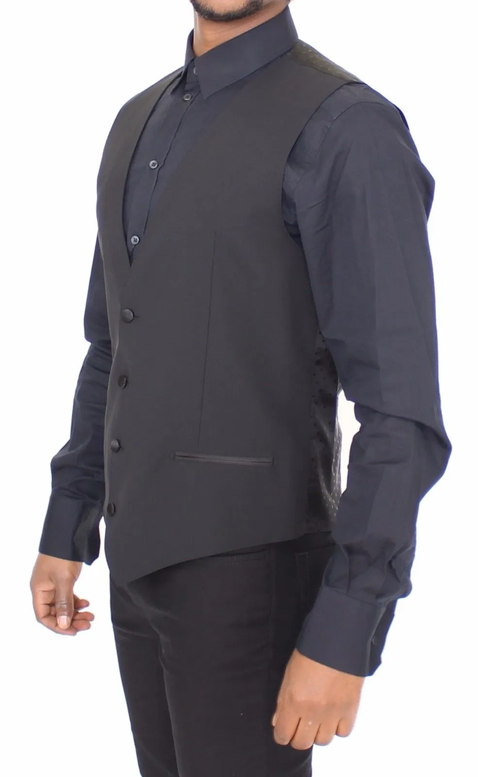 Black Wool Silk Stretch Dress Vest Blazer