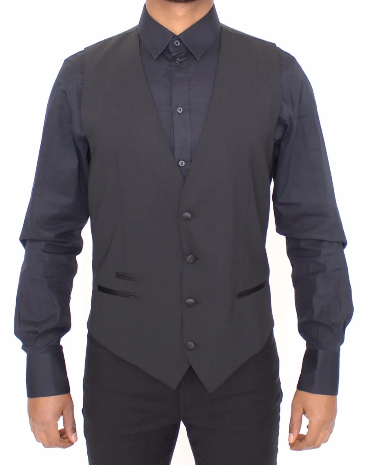 Black Wool Silk Stretch Dress Vest Blazer