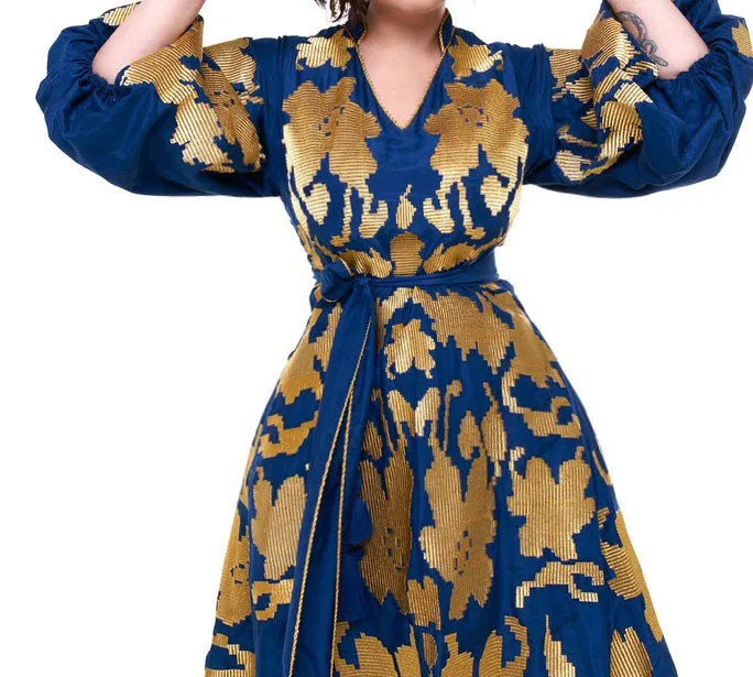 Blue dress with gold embroidery