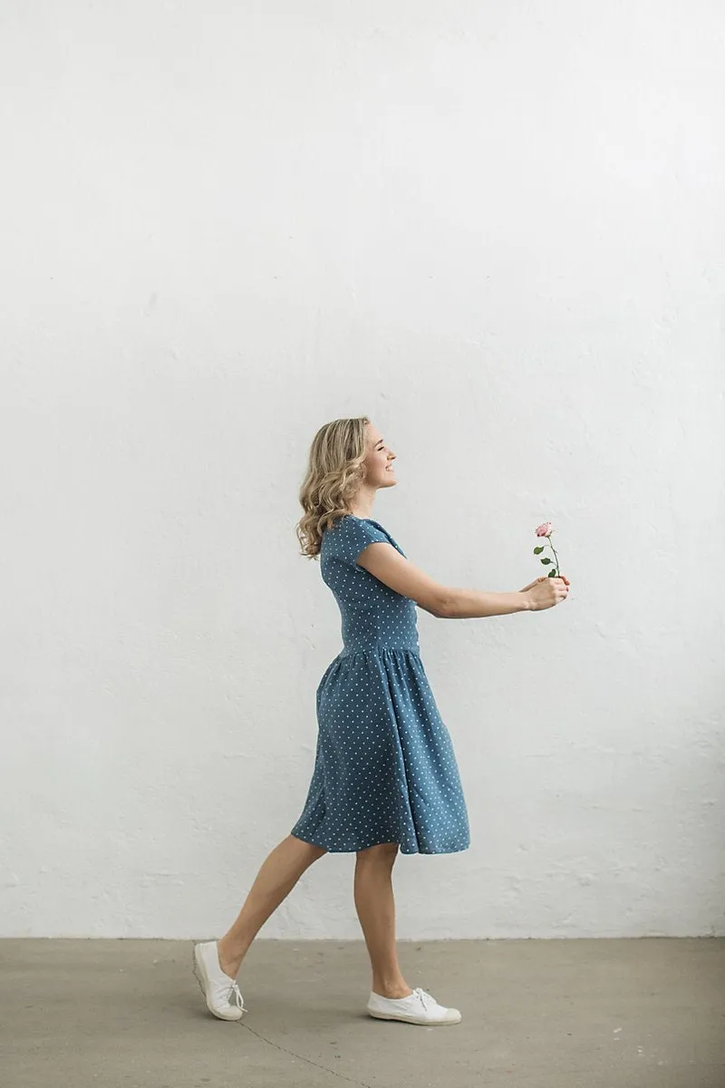 Blue Polka-Dot Linen Dress
