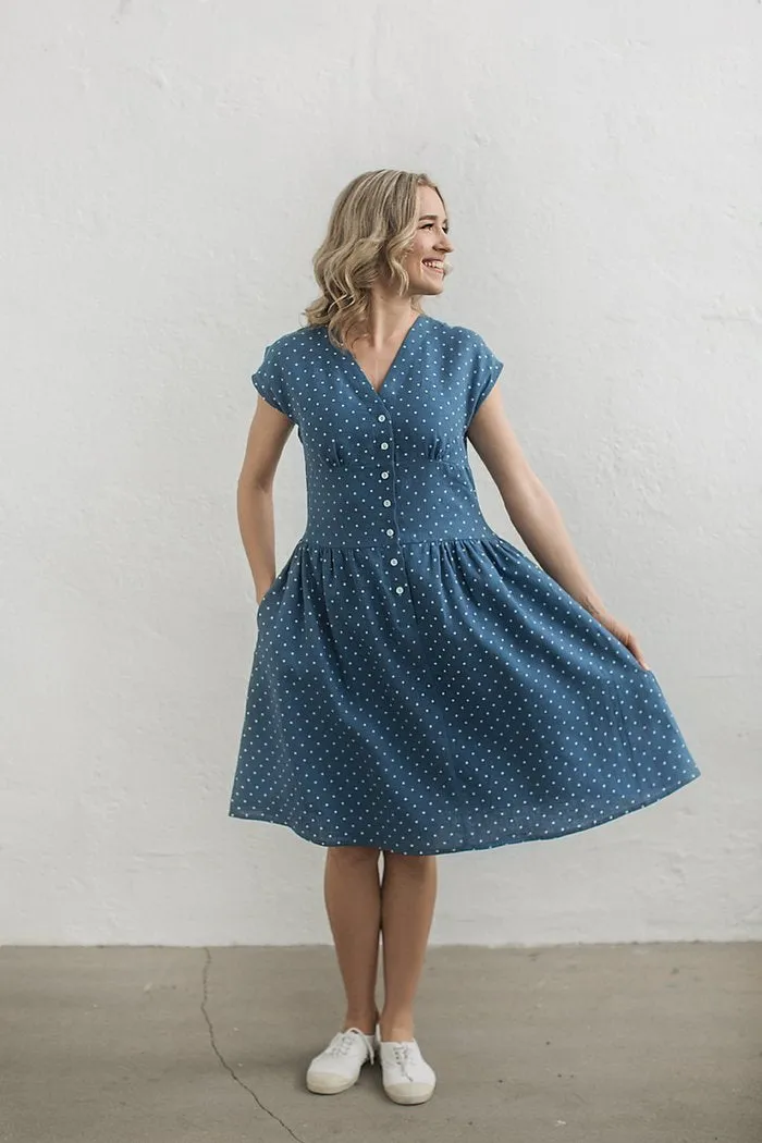 Blue Polka-Dot Linen Dress